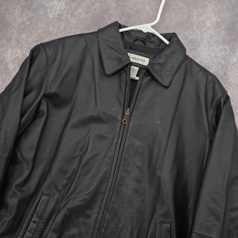 Preston & York Mens Black Genuine Leather Bomber Jacket Size M Full Zip YKK